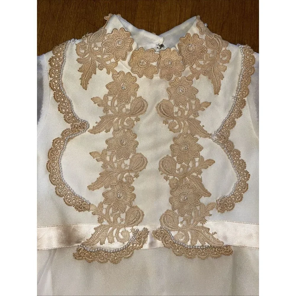 Handmade Vintage Dress Girls‎ 10 Yellowing Cottage Core Lace Wedding Pearls